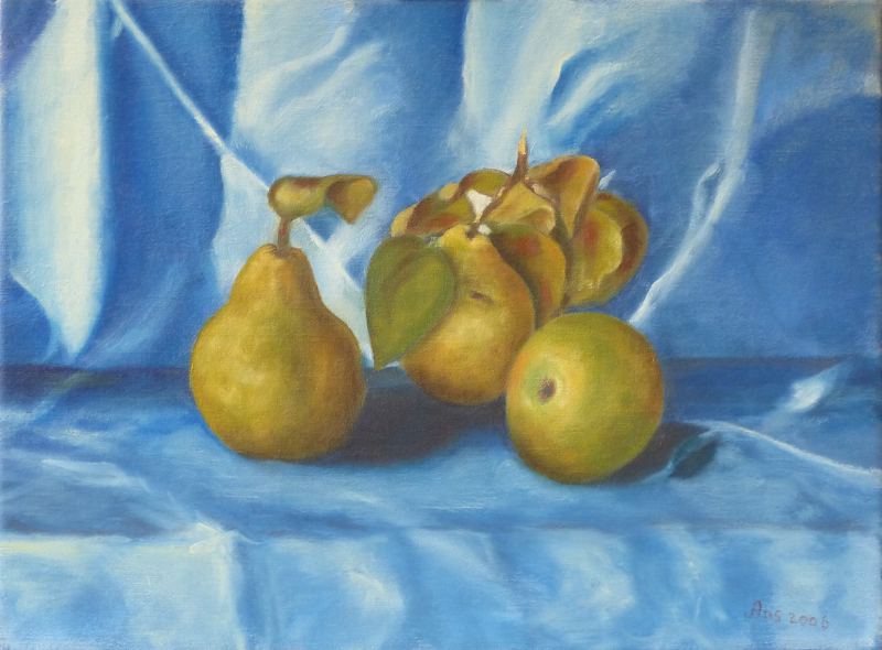 Schilderij Peren op blauwe doek