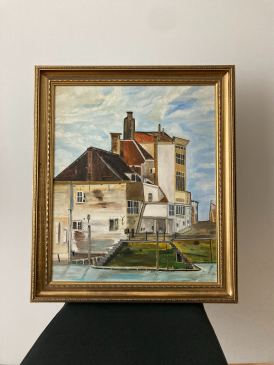 Schilderij Stadsgezicht Dordrecht (ca. 1982) door Dik de Jong 